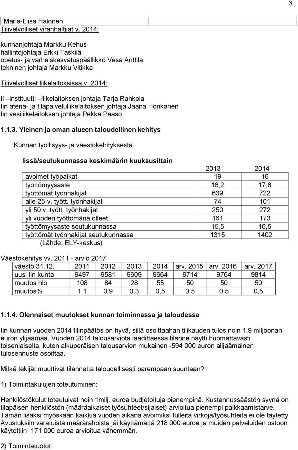 2014: Ii instituutti liikelaitoksen johtaja Tarja Rahkola Iin ateria- ja tilapalveluliikelaitoksen johtaja Jaana Honkanen Iin vesiliikelaitoksen johtaja Pekka Paaso 1.1.3.