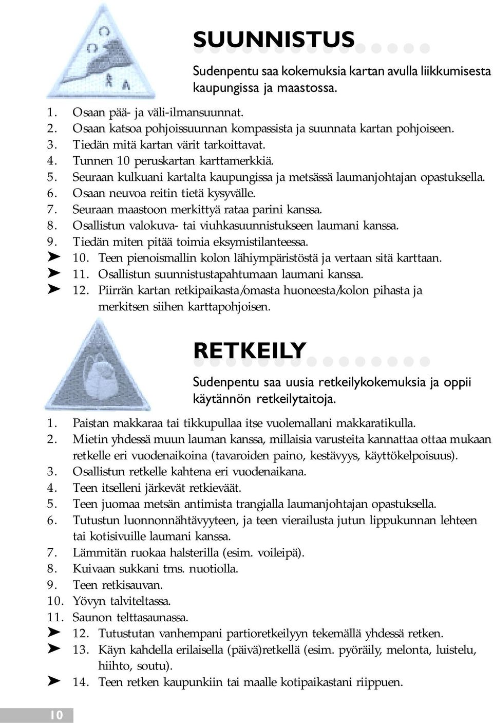 Seuraan kulkuani kartalta kaupungissa ja metsässä laumanjohtajan opastuksella. 6. Osaan neuvoa reitin tietä kysyvälle. 7. Seuraan maastoon merkittyä rataa parini kanssa. 8.