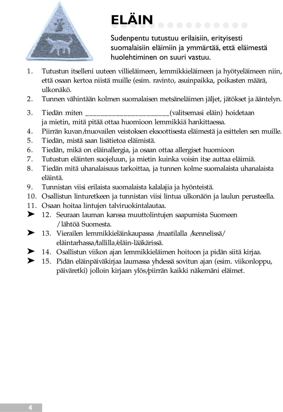 Tunnen vähintään kolmen suomalaisen metsäneläimen jäljet, jätökset ja ääntelyn. 3. Tiedän miten (valitsemasi eläin) hoidetaan ja mietin, mitä pitää ottaa huomioon lemmikkiä hankittaessa. 4.