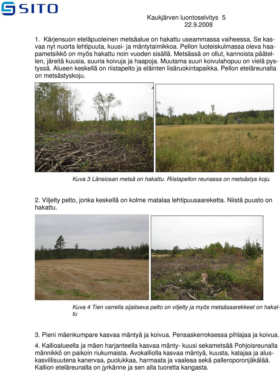 Muutama suuri koivulahopuu on vielä pystyssä. Alueen keskellä on riistapelto ja eläinten lisäruokintapaikka. Pellon eteläreunalla on metsästyskoju. Kuva 3 Länsiosan metsä on hakattu.