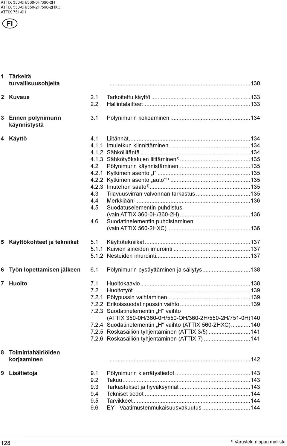 ..1 4. Pölynimurin käynnistäminen...1 4..1 Kytkimen asento I...1 4.. Kytkimen asento auto...1 4.. Imutehon säätö...1 4. Tilavuusvirran valvonnan tarkastus...1 4.4 Merkkiääni...16 4.