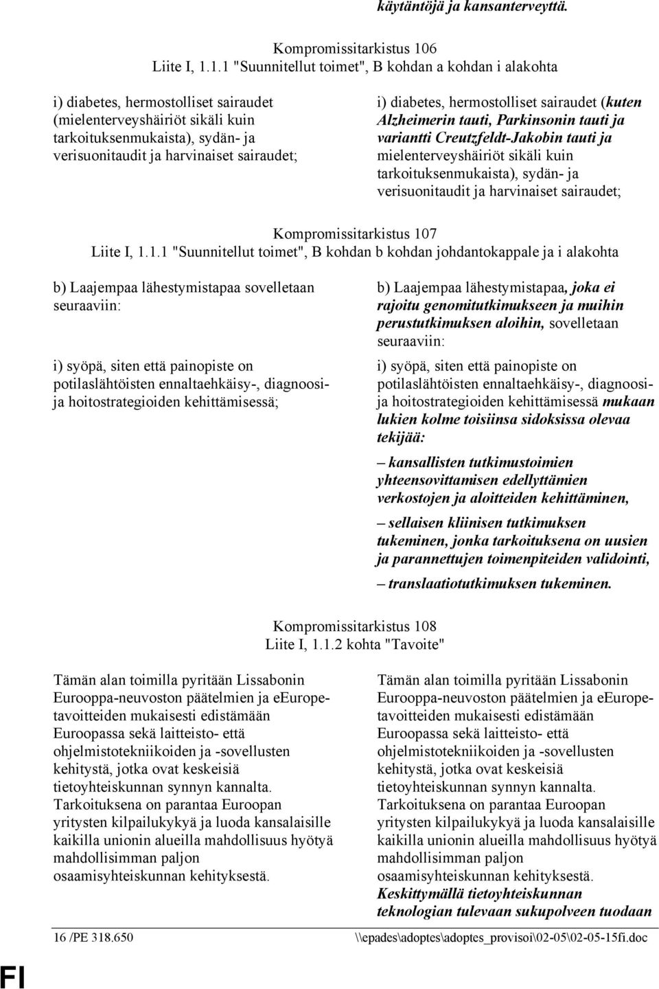 1.1 "Suunnitellut toimet", B kohdan a kohdan i alakohta i) diabetes, hermostolliset sairaudet (mielenterveyshäiriöt sikäli kuin tarkoituksenmukaista), sydän- ja verisuonitaudit ja harvinaiset