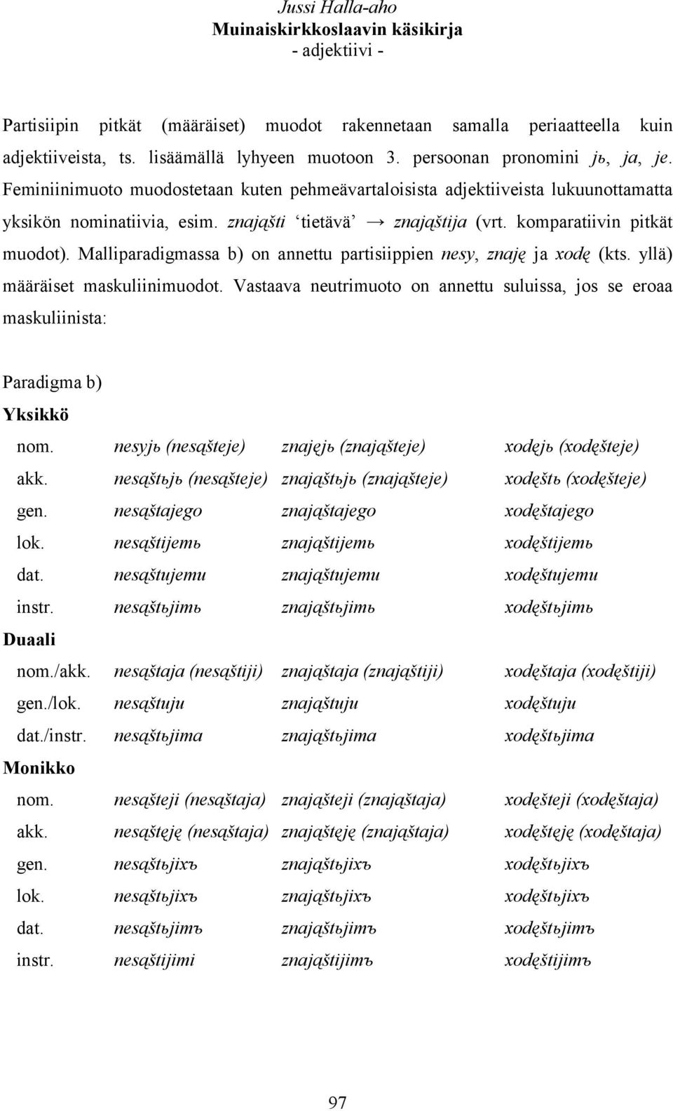 Malliparadigmassa b) on annettu partisiippien nesy, znaję ja xodę (kts. yllä) määräiset maskuliinimuodot.