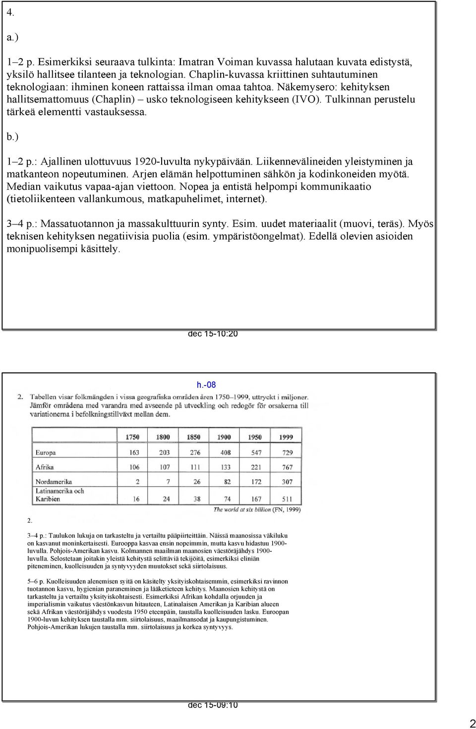 Tulkinnan perustelu tärkeä elementti vastauksessa. b.) 1 2 p.: Ajallinen ulottuvuus 1920 luvulta nykypäivään. Liikennevälineiden yleistyminen ja matkanteon nopeutuminen.