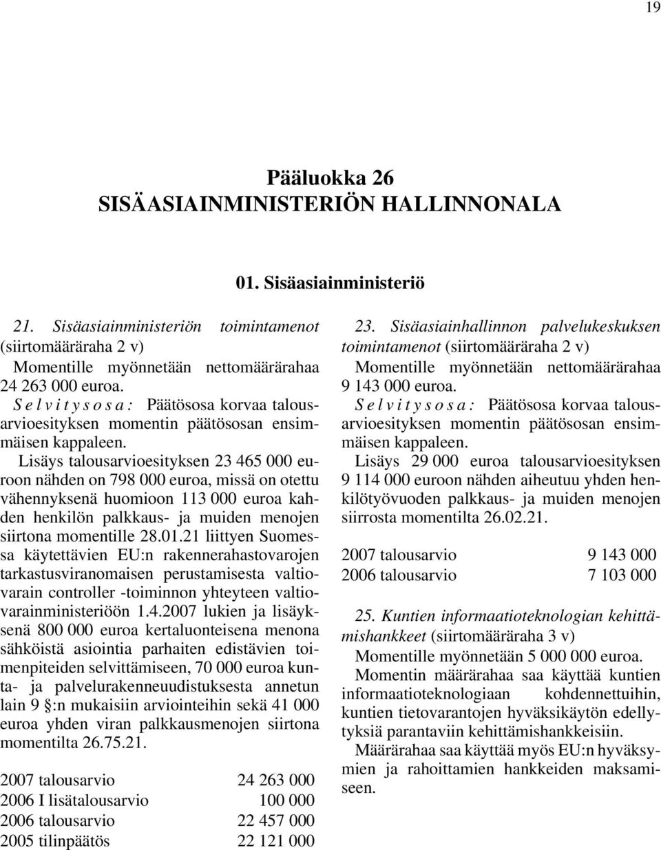 21 liittyen Suomessa käytettävien EU:n rakennerahastovarojen tarkastusviranomaisen perustamisesta valtiovarain controller -toiminnon yhteyteen valtiovarainministeriöön 1.4.