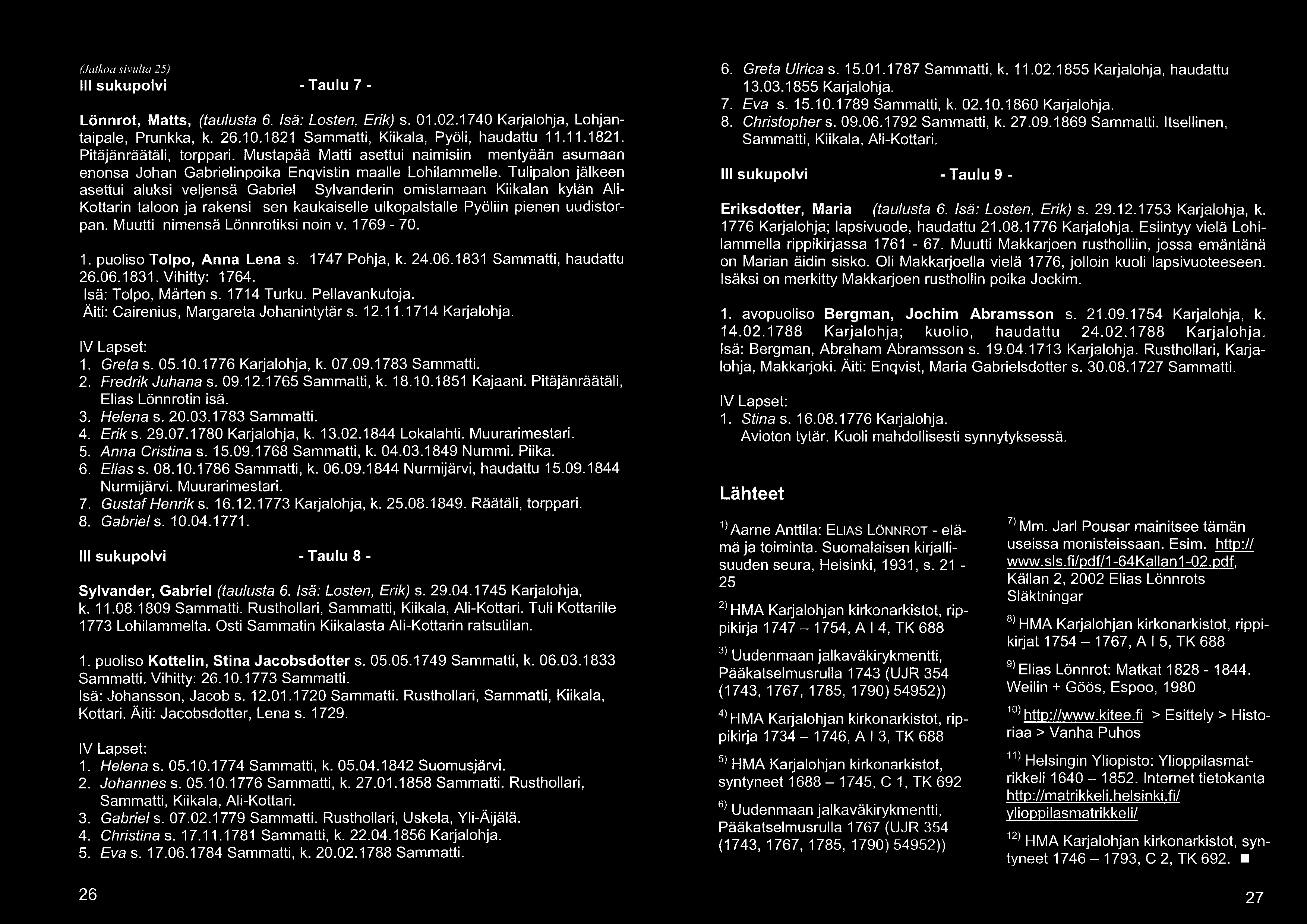 (Jatkoa sivulta 25) III sukupolvi Lönnrot, Matts, (taulusta 6. Isä: Losten, Erik) s. 01.02.1740 Karjalohja, Lohjantaipale, Prunkka, k. 26.10.1821 Sammatti, Kiikala, Pyöli, haudattu 11.11.1821. Pitäjänräätäli, torppari.