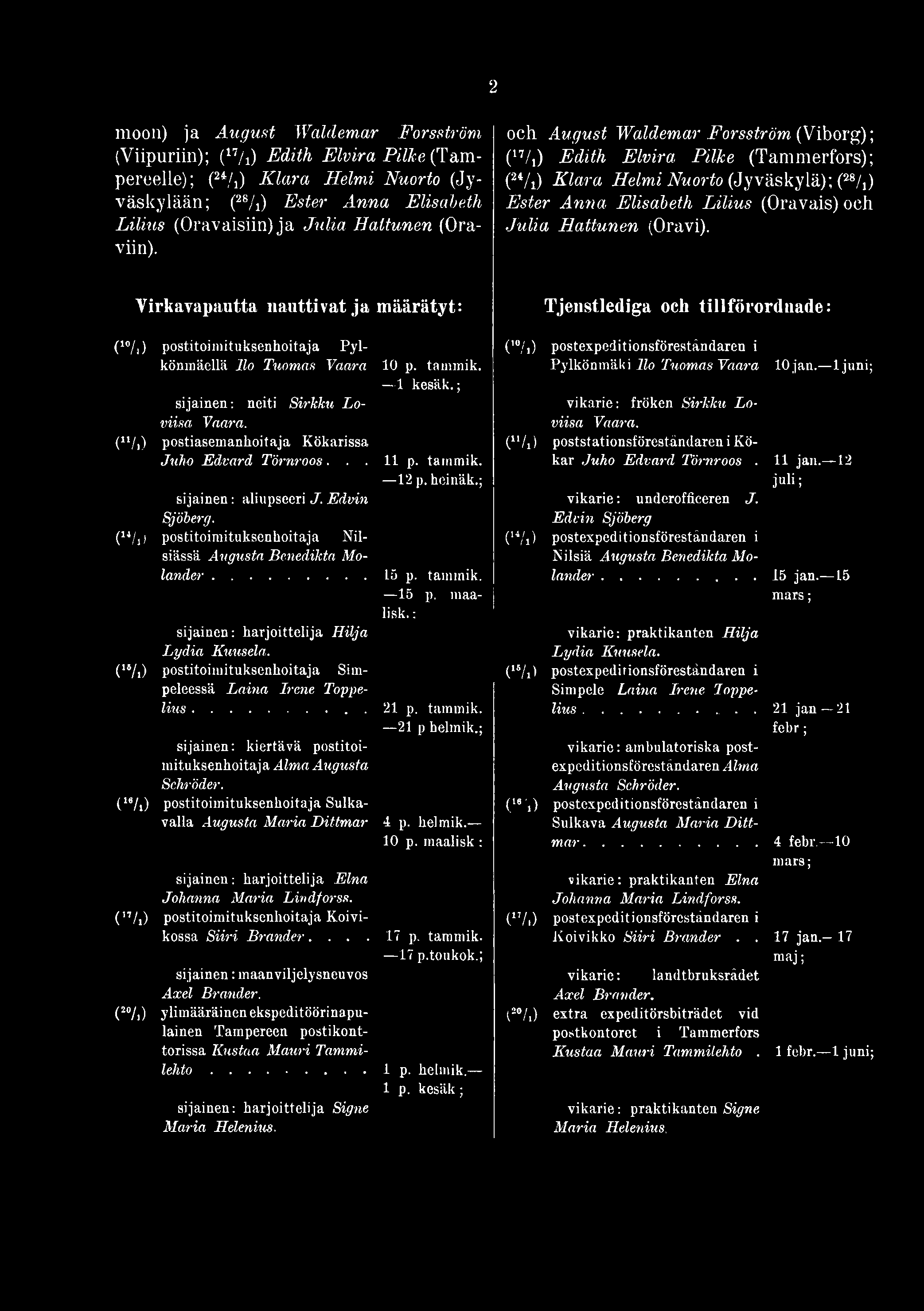 2 moon) ja August Waldemar Forsström (Viipuriin); (17/i) Edith Elvira Pilke {Tampereelle); (24/i) Klara Helmi Nuorto (Jyväskylään; (28/i) Ester Anna Elisabeth Lilius (Oravaisiin) ja Julia Hattunen