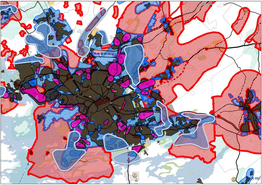 Kuva X: Kaavaprosessissa syntynyt alustava esitys selvitysalueista, jotka on turvattava suunnitellulle, pitkällä aikavälillä tapahtuvalle, mahdolliselle laajentumiselle.