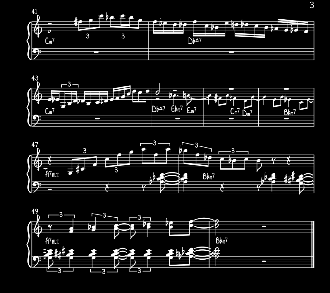 38 Kuten aiemmin mainitsin, tässä kappaleessa pianon filleillä on tärkeä rooli ja ne tuntuvat olevan olennainen osa sävellystä, tai ainakin teos olisi hyvin erilainen ilman niitä.