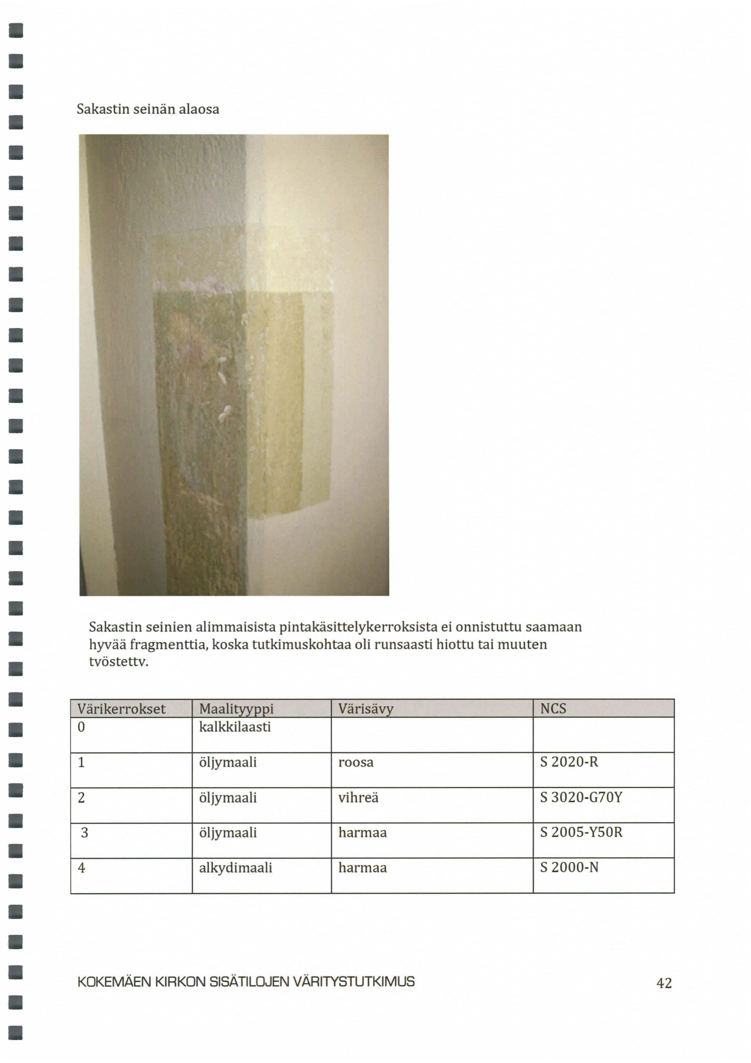 Sakastin seinän alaosa Sakastin seinien alimmaisista pintakäsittelykerroksista ei onnistuttu saamaan hyvää fragmenttia, koska tutkimuskohtaa oli runsaasti hiottu tai muuten tvöstettv.
