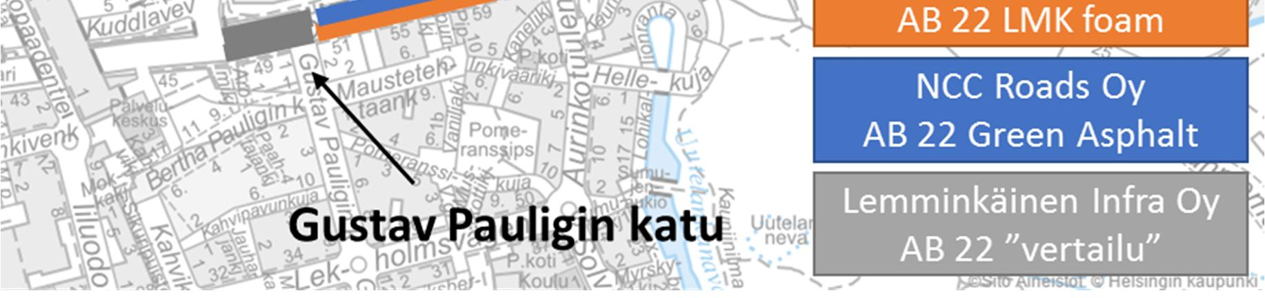 asfalttirouhetta. Green Asphalt -asfalttimassassa ei myöskään käytetty asfalttirouhetta, mutta sen kiviaineksen luokka oli AN7. LMK foam -massasta ei saatu tietoja urakoitsijalta.