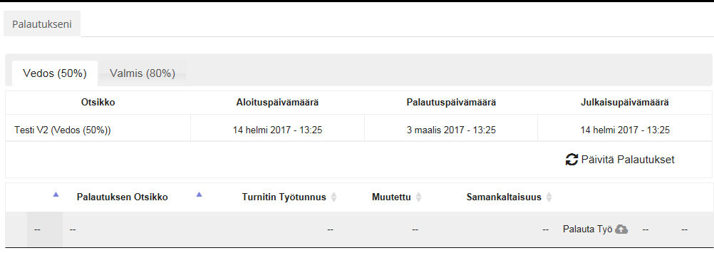 Miten Turnitinia käytetään Opiskelija avaa Turnitin-tehtävän Avautuvalta Palautukseni-sivulta näkyy mahdollinen ohjeistus, sekä
