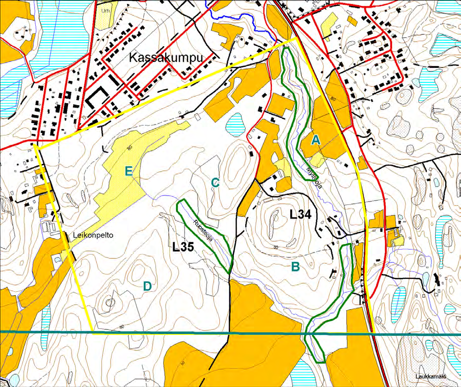 Kuva 6. Roykän lounaispuoli (rajaus keltaisella). L34 = Myllyoja, L35 Ruosteoja. Mittakaava 1:15 000. Myllyojan luoteispuolella on omakotitaloja ja pieniä pelto- ja niittykuvioita.