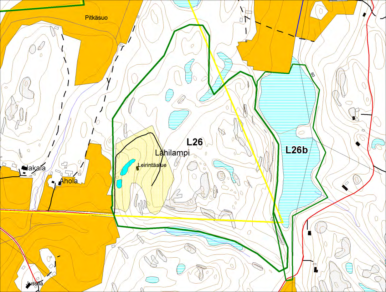 Kuva 9. Sudentullin pohjoinen kallioalue (L26) ja Koivusuo (L26b). Keltaisella osa-alueen raja. Koivusuo jää Nummimäen kaava-alueen puolelle. Mittakaava 1:10 000.