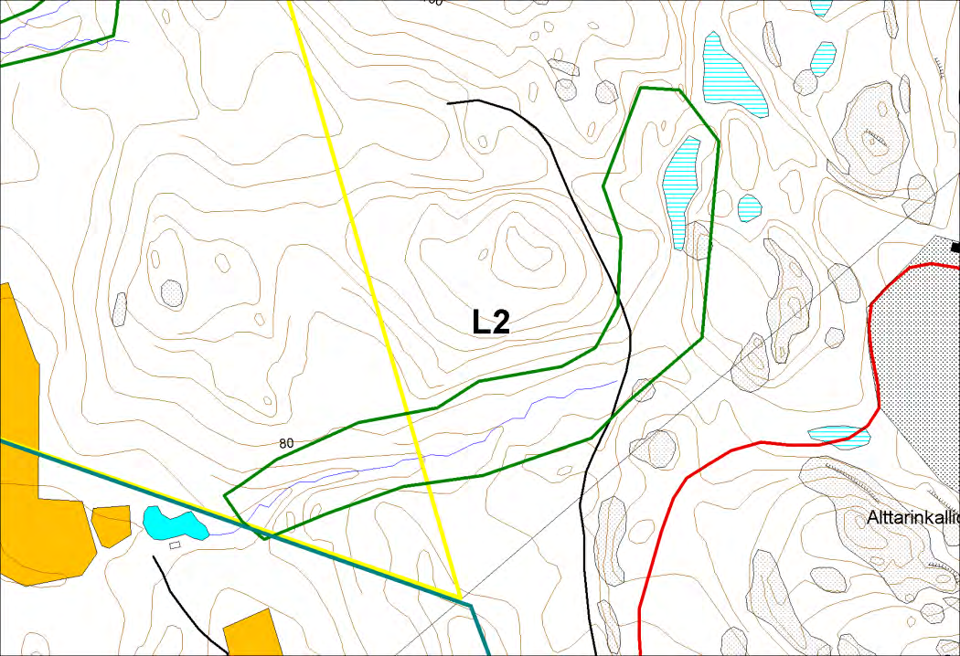 Kuva 10. Lepolan puro (L2). Keltaisella Uotilantien osa-alueen rajaus. Puron yläjuoksu jää selvitysalueen ulkopuolelle. Mittakaava 1:5000.