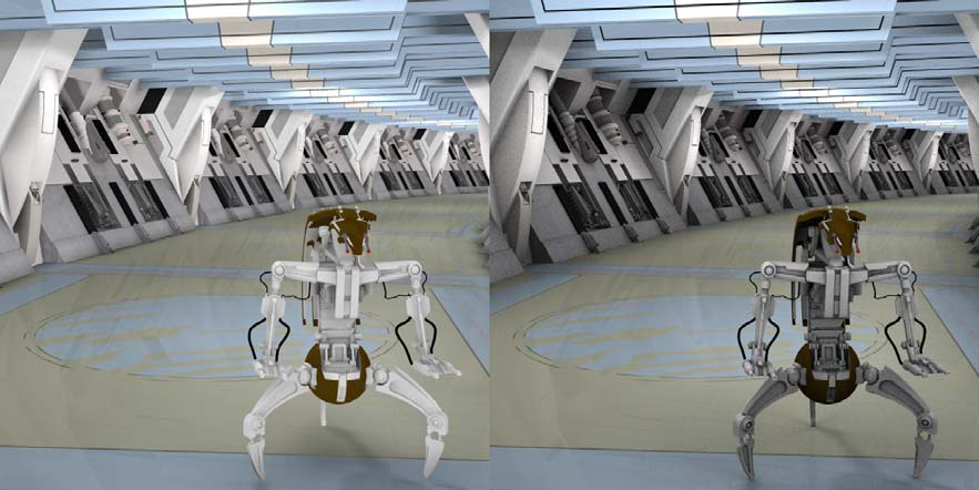 68 KUVA 20: Vasemmanpuoleinen kuva on kuvannettu käyttäen yleisvalon läheisyysvarjostusta ja oikeanpuoleinen käyttäen referenssimenetelmää. Kuvassa käytetyt mallit lähteestä Sci-Fi 3D (2004).