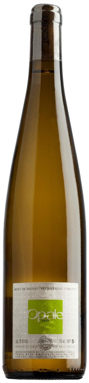 Opale 2012 / Eric Texier ravintolavalikoima Alkoholia 7,0 % / luonnoll. hapot 9,5 g/l / jäännössokeria 60 g /l valmistus: Käyminen estetty alentamalla lämpötila kun saavutetaan 7% alc.