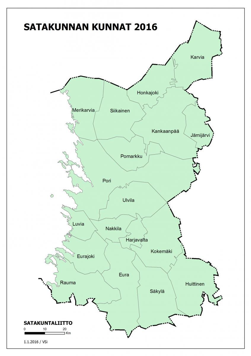 Kuva 1. Satakunnan kunnat v.2016. Satakuntaliitto www-sivut. Viitattu 30.5.2016. http://www.satakuntaliitto.fi/sites/satakuntaliitto.