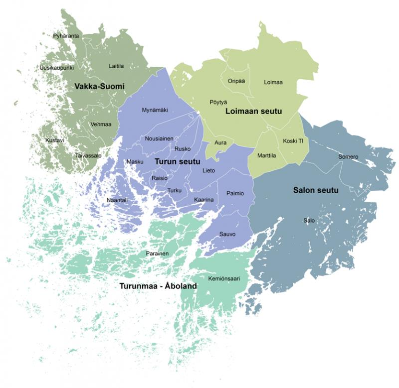 Kuva 2. Varsinais-Suomen kunnat v.2016. Varsinais-Suomen liitto www-sivut. http://www.varsinaissuomi.