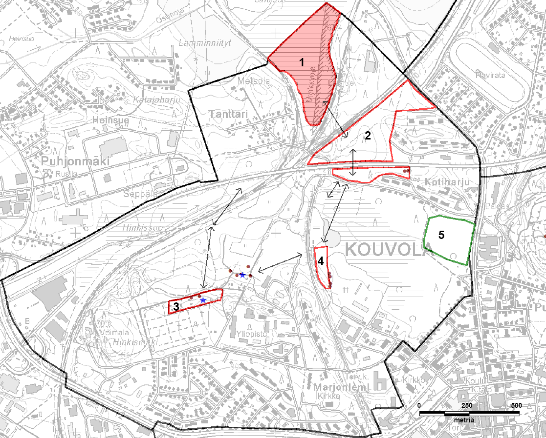 Kartta 6. Osa-alueen Kasarminmäki Ruskeasuo Tanttari liito-oravareviirejä (kuviot 1-4) sekä liito-oravalle sopiva metsä (kuvio 5).