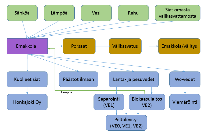 Lihasikalan toimintakaavio eri vaihtoehdoissa on esitetty kuvassa 3.3. Porsaat lihasikalaan tuotetaan omassa emakkolassa.