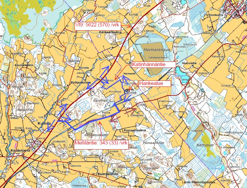 Kuva 3.6 Liikenteen nykyinen (VE0) suuntautuminen sekä liikenneviraston tilastojen (2015) laskemat liikennemäärät hankealueen lähiteillä. Taulukkoon 3.