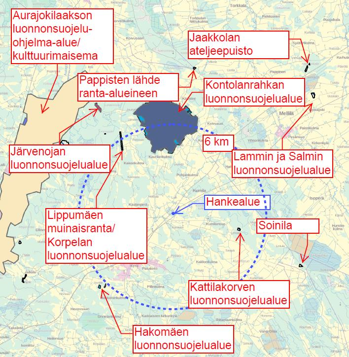 Kuva 5.3 Lähimmät suojelualueet- ja kohteet. 5.4 Pintavesialueet Hankealueen lähimmät pintavesialueet ja vesien virtaussuunnat on esitetty kuvassa 5.4. Hankealue kuuluu Kaulajoen valuma-alueeseen, jonka ekologinen tila on välttävä ja vesiensuojelun tavoitteena on hyvä tila.