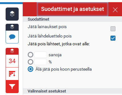 Raportintoiminnot Raportin toimintovalikosta löydät osiot: Lähdetekstinvertailu Klikkaa tekstissä näkyvän väritetyn kohdan numeroa, vertailuikkuna avautuu Avaa kokoteksti Suodatus Usein on syytä