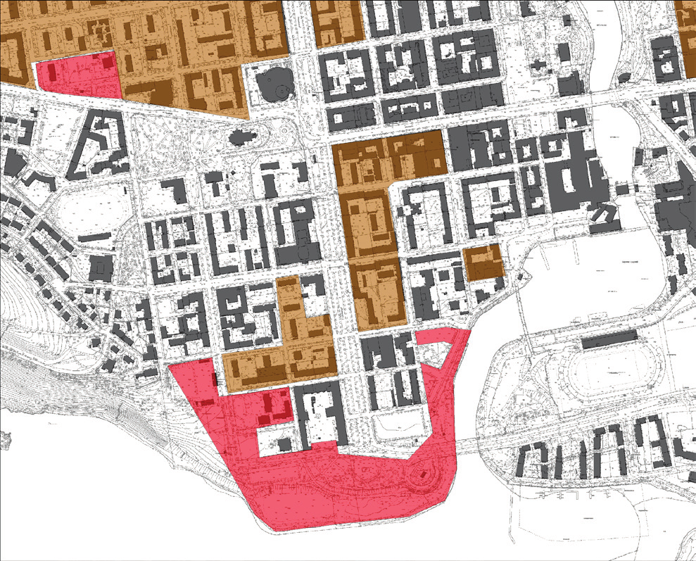 EHYT-selvityksen mukaisia nykyisen korttelirakenteen täydennysrakentamisen alueita (ruskea) ja käyttötarkoituksen muutosalueita (punainen).