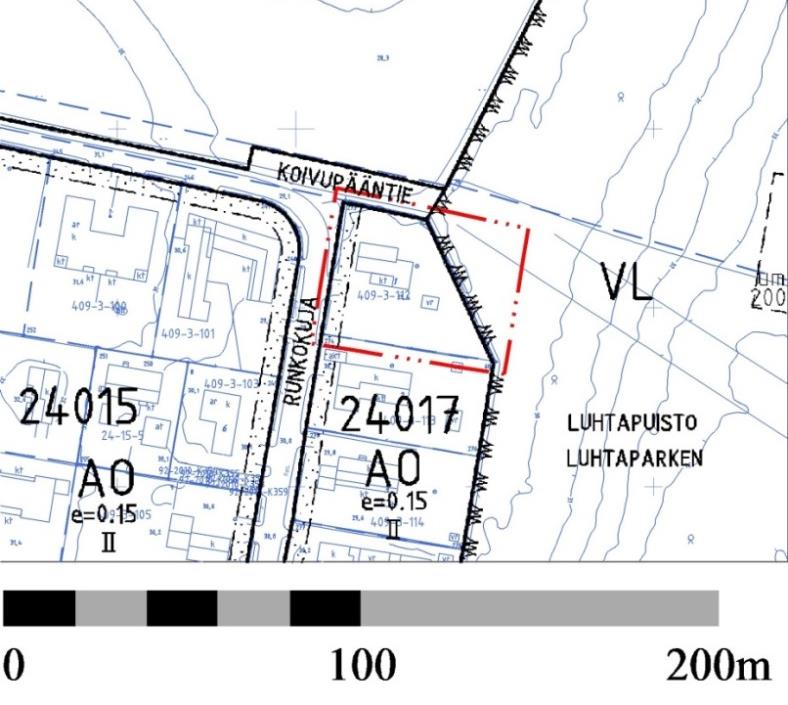 002300 / Runkokuja 2, 12.9.2016 8/17 Ote voimassa olevasta asemakaavasta. Muutosalue on merkitty punaisella viivalla ja se koskee osaa korttelista 24017 sekä osaa lähivirkistysalueesta (VL).