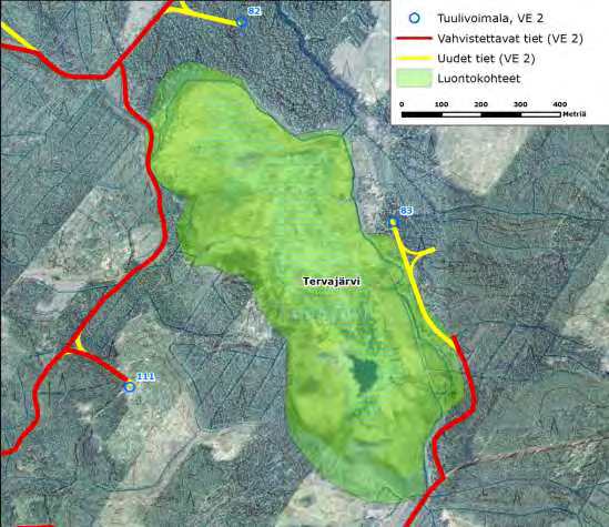 114 Kattiharjun tuulivoimapuisto FCG SUUNNITTELU JA TEKNIIKKA OY Kuva 9.7. Lähimpien voimalapaikkojen sijoittuminen Tervajärven läheisyyteen.