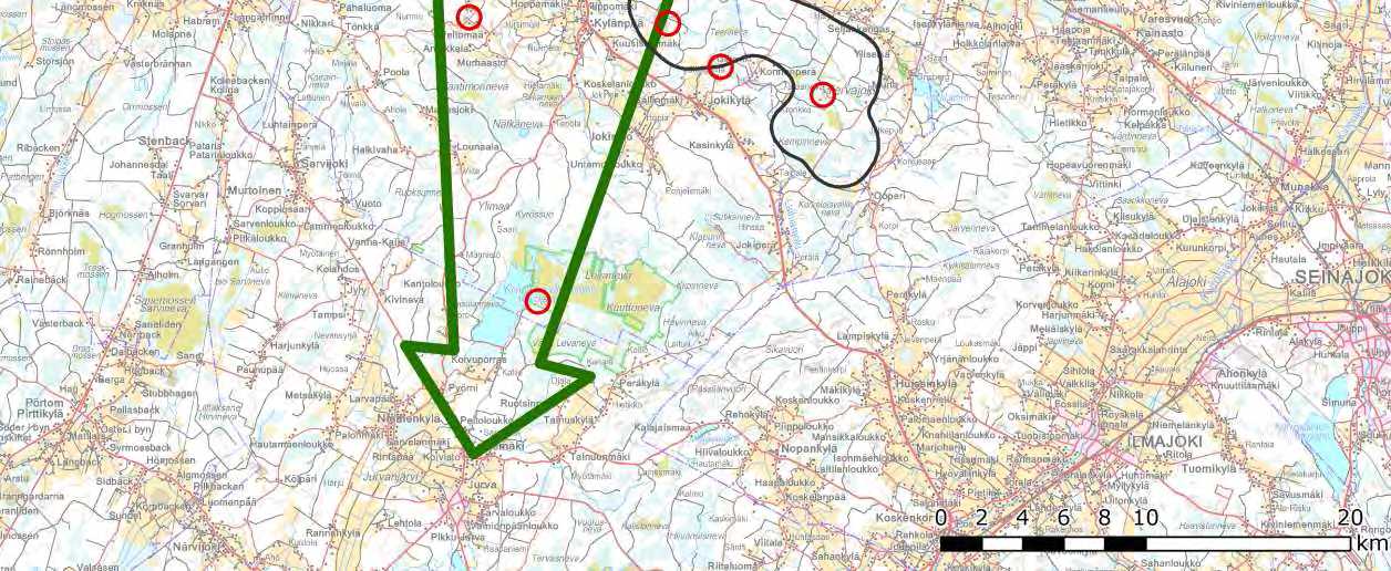 FCG SUUNNITTELU JA TEKNIIKKA OY Kattiharjun tuulivoimapuisto 127 Vaarantuneista (VU) jouhisorsa, mehiläishaukka, merikotka, sinisuohaukka, hiirihaukka, maakotka, muuttohaukka, lapinkirvinen ja