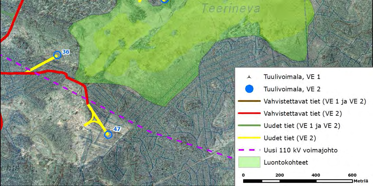 FCG SUUNNITTELU JA TEKNIIKKA OY Kattiharjun tuulivoimapuisto 111 Kuva 9.6. Lähimpien voimalapaikkojen sijoittuminen Teerinevan läheisyyteen.