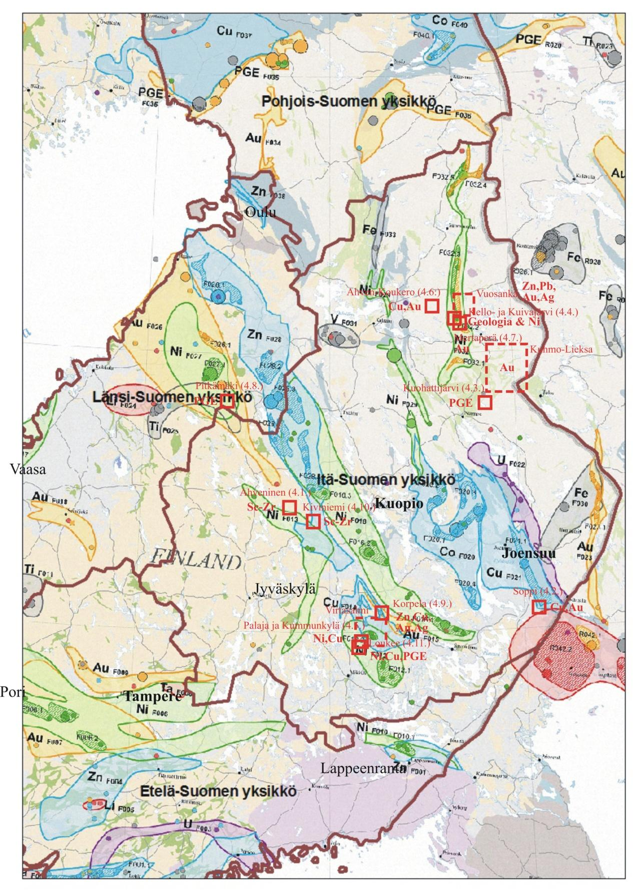 GEOLOGIAN TUTKIMUSKESKUS 87/2016 6 Kuva 2. Itäisen Suomen mineraalipotentiaalin arviointi-hankkeen (2551014) tutkimuskohteet.