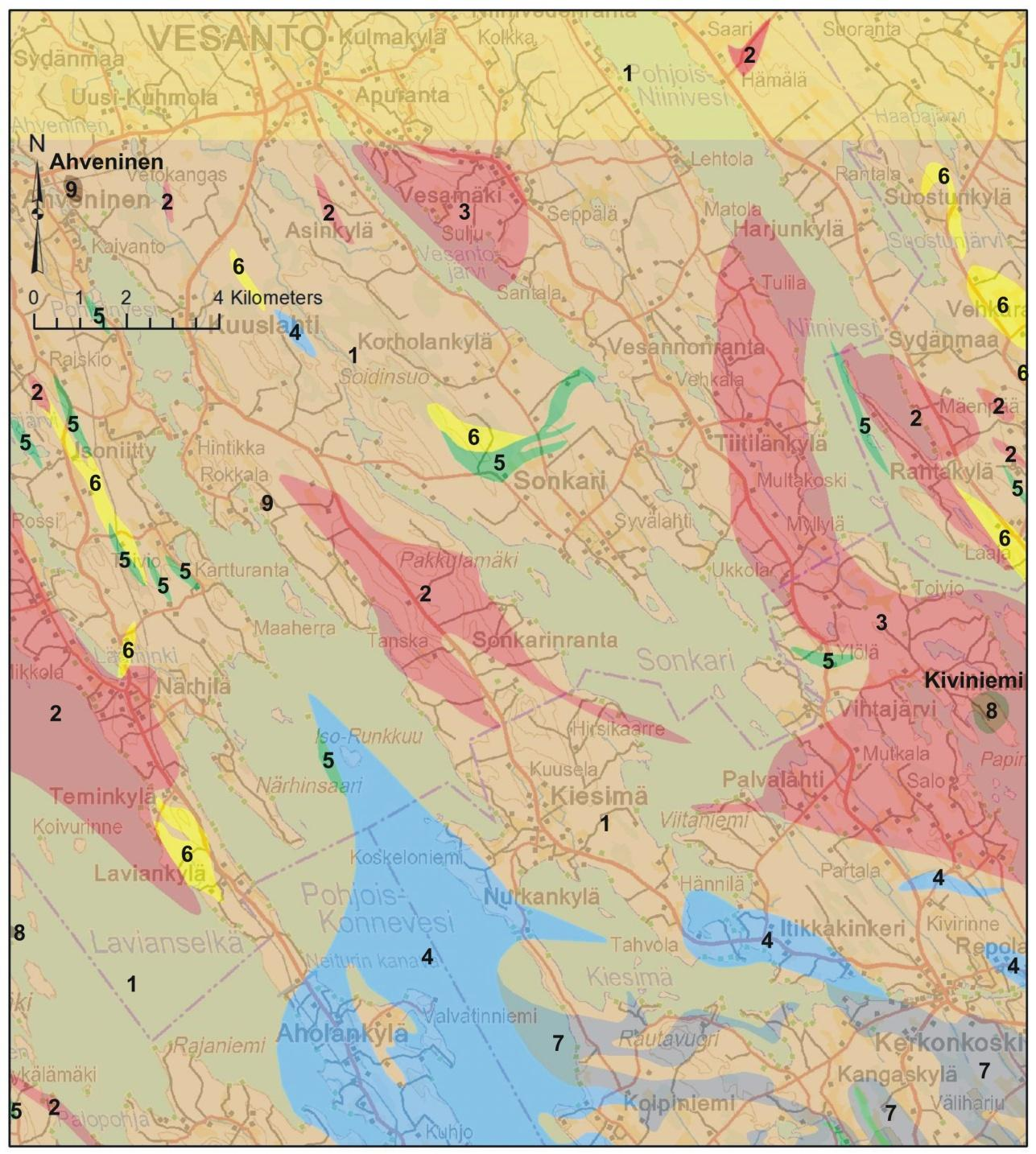 GEOLOGIAN TUTKIMUSKESKUS 87/2016 8 Kuva 3. Yksinkertaistettu geologinen kartta Ahvenisen ja Kiviniemen kohteiden väliltä.