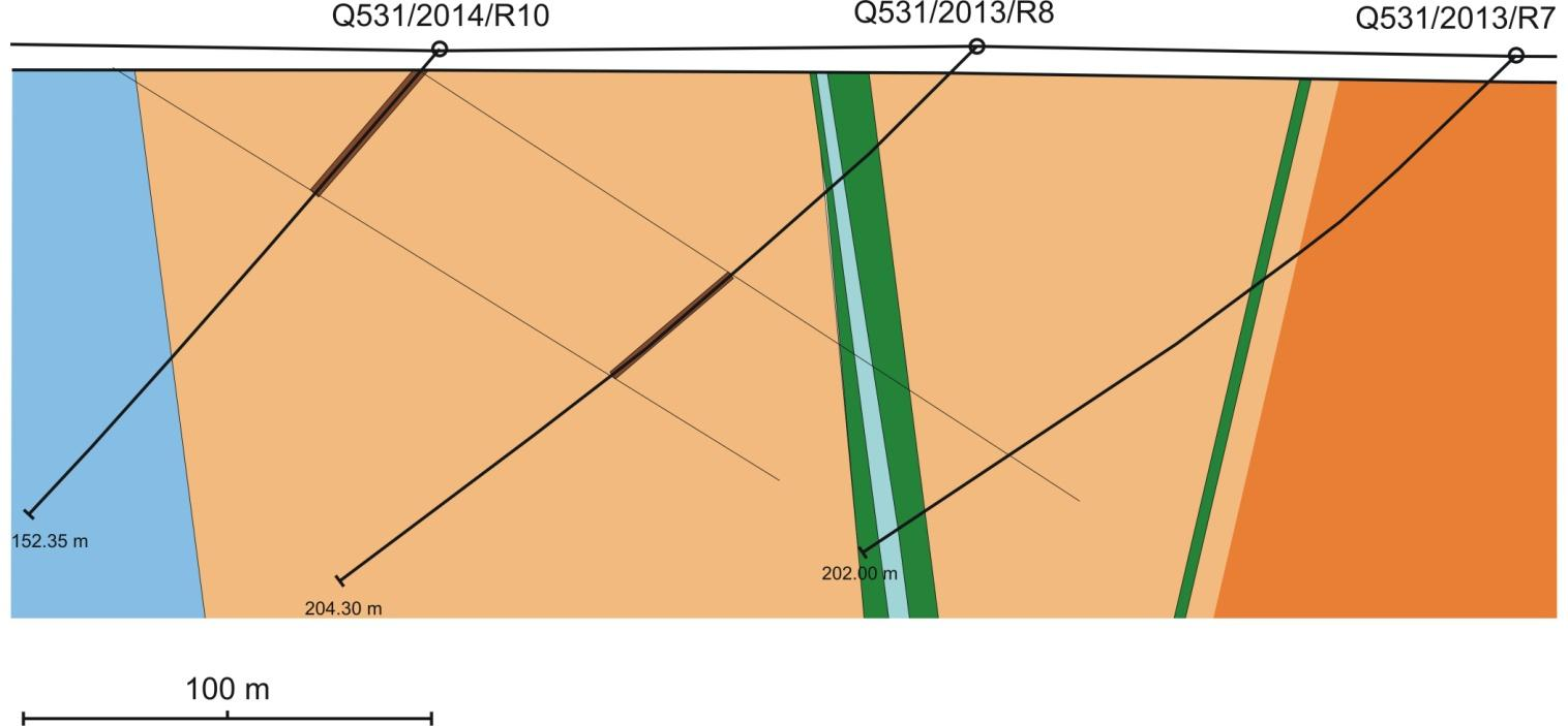 GEOLOGIAN TUTKIMUSKESKUS 87/2016 16 Kuva 8. Kuohattijärven kerrosintruusion kairausprofiili (katso kuvia 6 ja 7), jossa reiät Q531/2013/R7 R8 ja Q531/2014/R10. Kivilajit katso kuvaa 9. Fig. 8. Diamond drill hole cross section of the Kuohattijärvi layered intrusion (see Figs 6 and 7), which includes drill holes Q531/2013/R7 R8 and Q531/2014/R10.