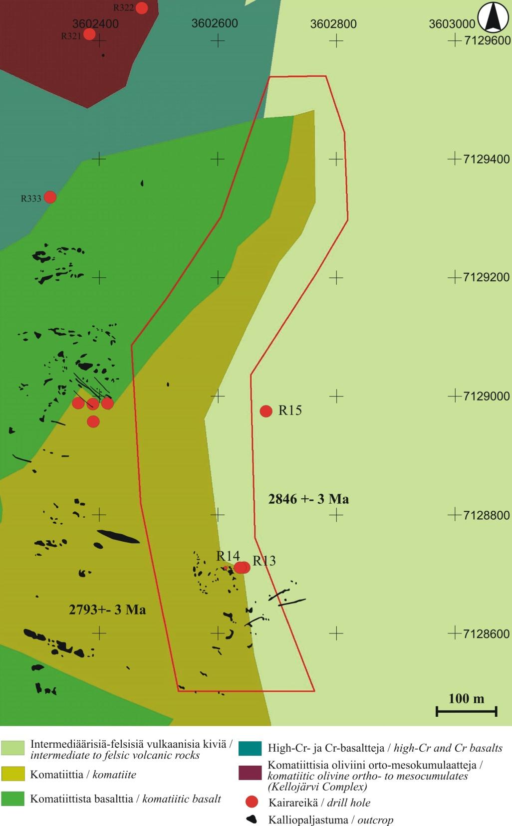 GEOLOGIAN TUTKIMUSKESKUS 87/2016 26 Kuva 14. Geologinen kartta Kuhmon Mertaperän kohteelta. Pohjakartta Suomen kallioperäkartta (Bedrock of Finland DigiKP).