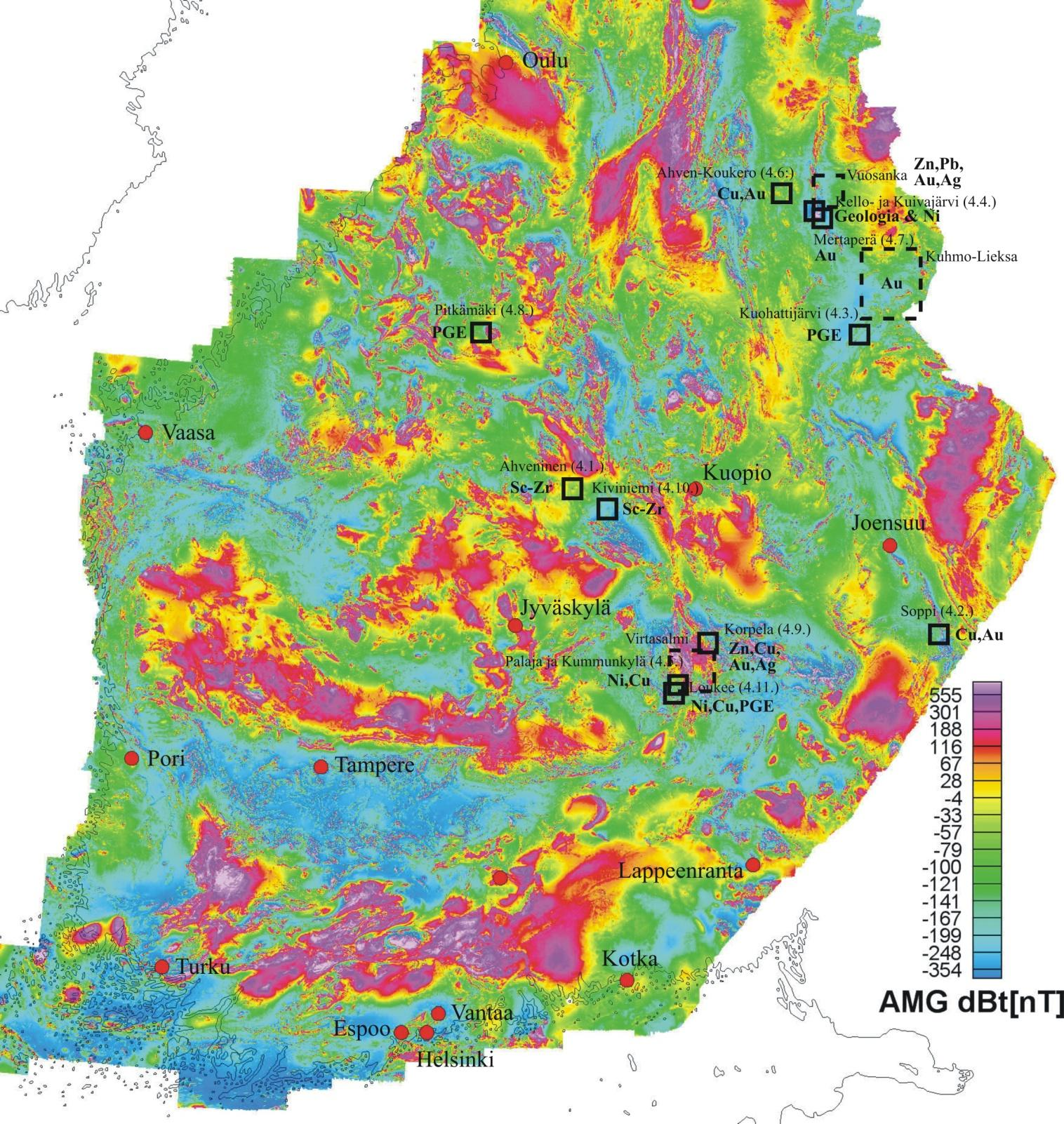 GEOLOGIAN TUTKIMUSKESKUS 87/2016 5 Kuva 1. Itäisen Suomen mineraalipotentiaalin arviointi-hankkeen (2551014) tutkimuskohteet.