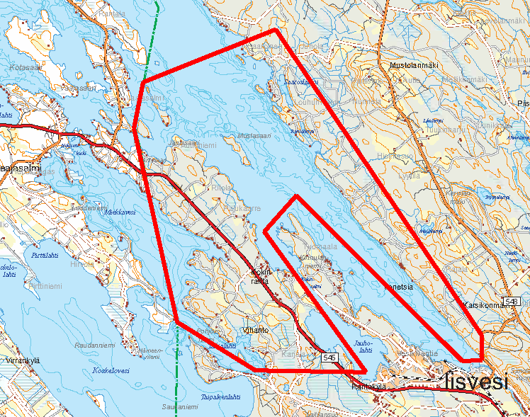 Iisveden ja Miekkaveden rantaosayleiskaavan yleispiirteinen rajaus.