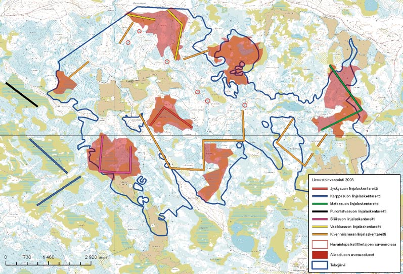 Kuva 6 1. Tekojärvialueen ja sen lähiympäristön linjalaskentareitit, havaintopaikat Mertajoen rannoilla sekä tekojärvialueen avosuoalueet.