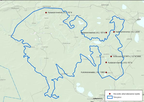 Kuva 6 17. Uhanalaisten eliölajien esiintyminen tekojärven alueella.