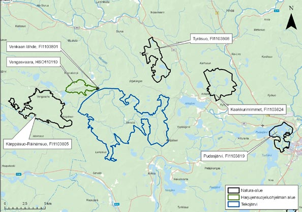 Kuva 6 20. Pudasjärven, Venkaan lähteen Kärppäsuon-Räinäsuon, Tyräsuon ja Kaakkurinrimpien Natura-alueiden sekä Vengasvaaran harjujensuojeluohjelma-alueen sijoittuminen tekojärvialueen ympäristöön.