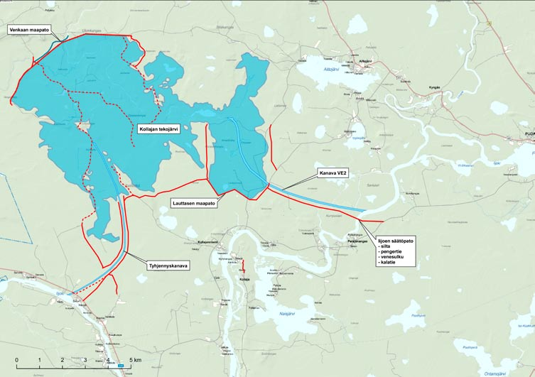 3.7 Vaihtoehto VE 2, pelkkä tekojärvi Vaihtoehdossa 2 hankkeeseen kuuluvat seuraavat rakenteet: Tekojärvi ja sen padot kuten Kollaja 2008 -suunnitelmassa Täyttökanava Petäjäkankaan pohjoispuolelta