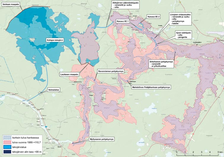 Kuva 5 16. Tulva-alueiden vertailu. Veden peittämän alueen erot vuoden 1989 mukaisessa tulvassa ilman Kollaja 2008 -suunnitelmaa ja suunnitelman toteuttamisen jälkeen.