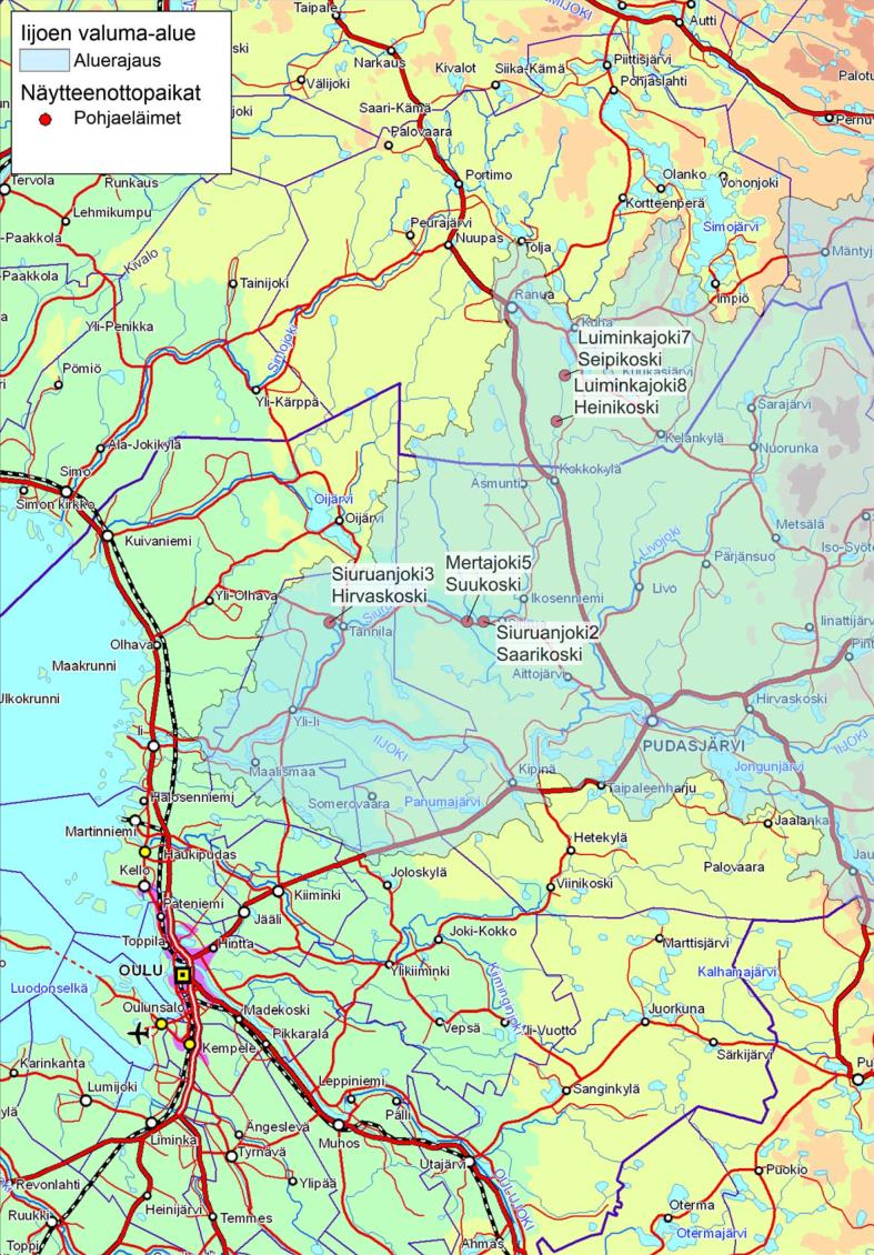 3 IIJOKI-SIURUANJOKI TURVETUOTANTOALUEIDEN TARKKAILU POHJAELÄINTARKKAILU 21 Kuva 2-1. Pohjaeläinten näytteenottoalueet Iijoen valuma-alueella.