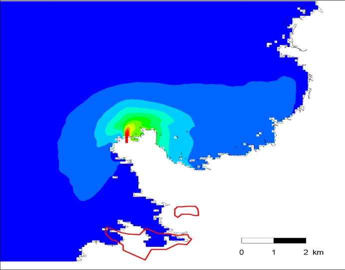 7 Kuva 2. Jäähdytysveden lämpövaikutus kahden yksikön tapauksessa (rantaotto). Natura-alueen rajat merkitty punaisella.