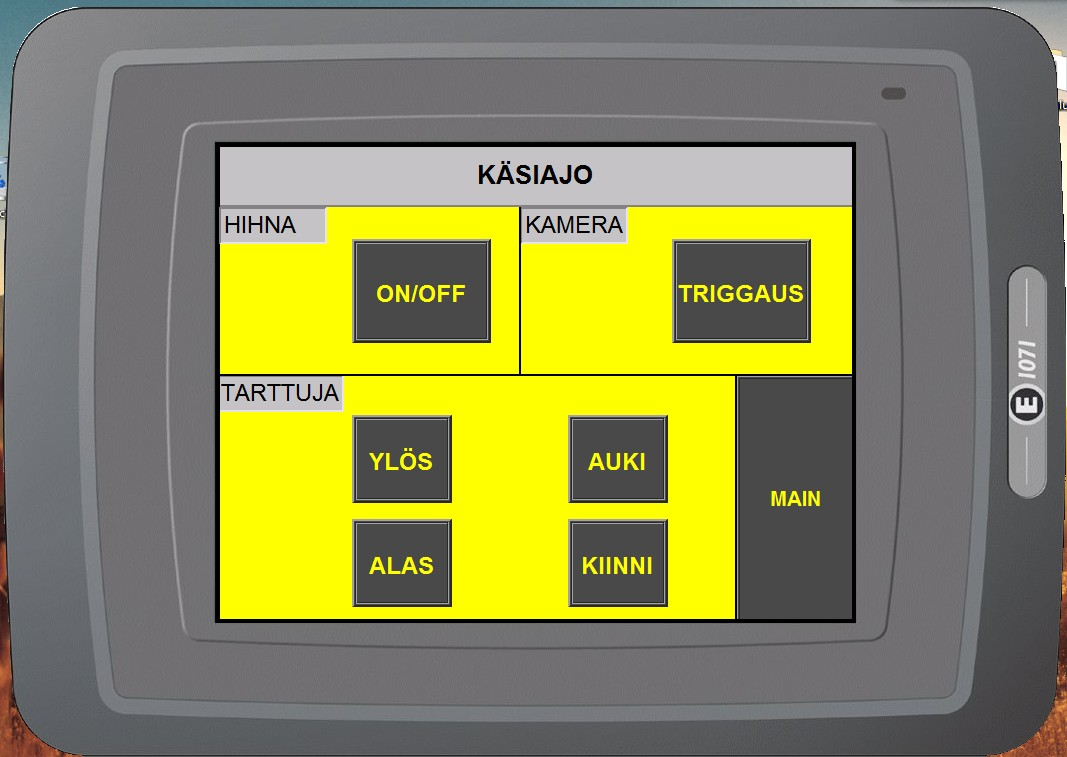 TUTKINTOTYÖ 11(45) 3 OHJELMOINTI 3.1. Operointipaneelin ohjelmointi Laitteiston operointipaneelina toimii Beijer Electronicsin E1071 -operointipaneeli, paneelin tekniset tiedot on esitetty liitteessä 2.