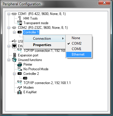 TUTKINTOTYÖ 32(45) 9. Klikataan hiiren oikealla Controller 1 kuvakkeen päällä, valitaan avautuvasta valikosta Connection ja Ethernet (kuva 29). Kuva 29 Controller 1: yhteystyypin valinta 10.
