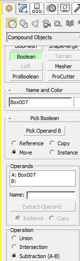 LIITE 2 4 7. Valitaan Top-näkymässä Lattia-objekti ja valitaan Create/ Geometry/ Compound Objects/ Boolean. Nyt valitaan Pick Operand B ja valitaan Box-objekti (X=0, Y=0, Z=0).