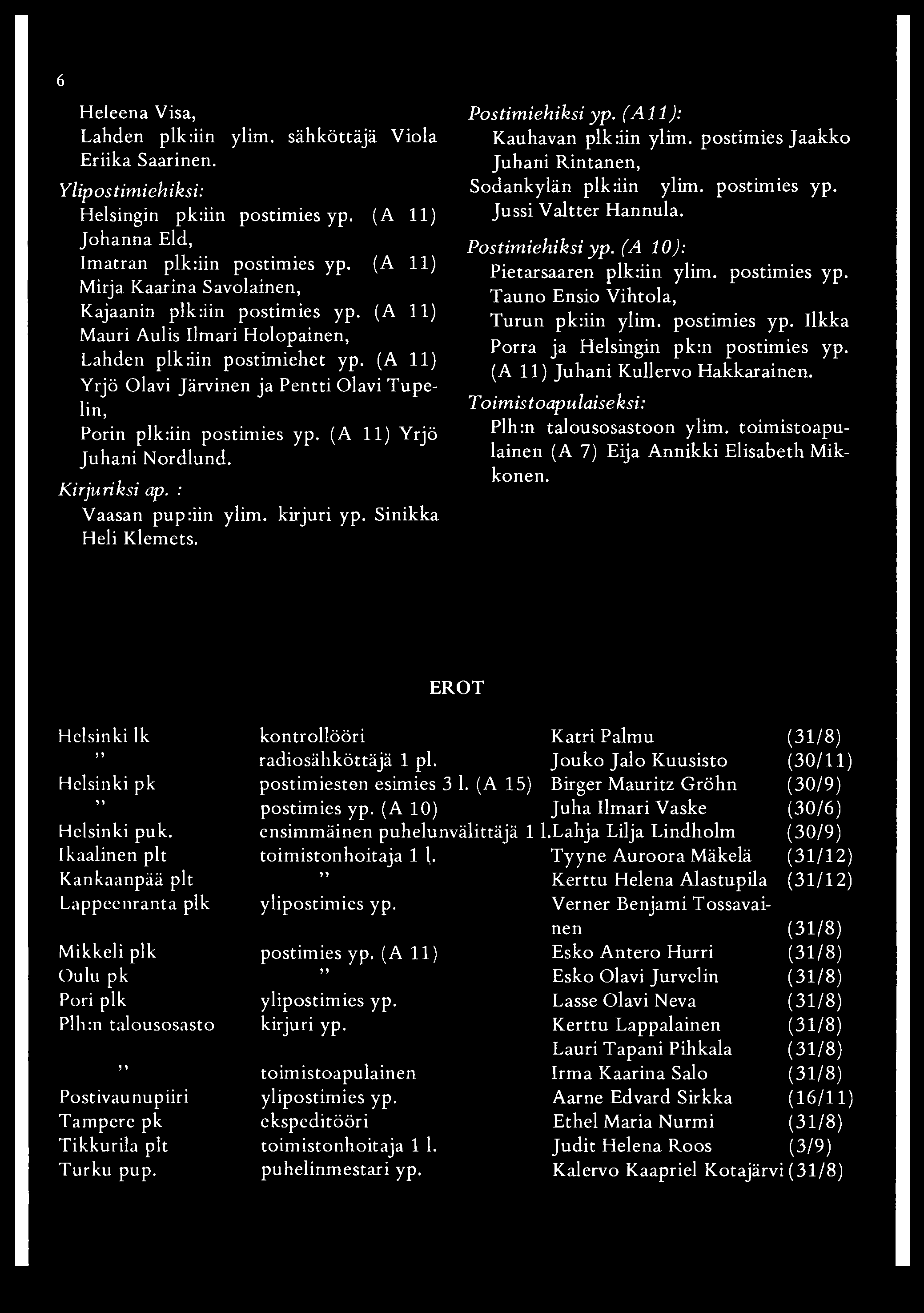 6 Heleena Visa, Lahden plkriin ylim. sähköttäjä Viola Eriika Saarinen. Ylipostimiehiksi: Helsingin pk:iin postimies yp. (A 11) Johanna Eld, Imatran plk:iin postimies yp.